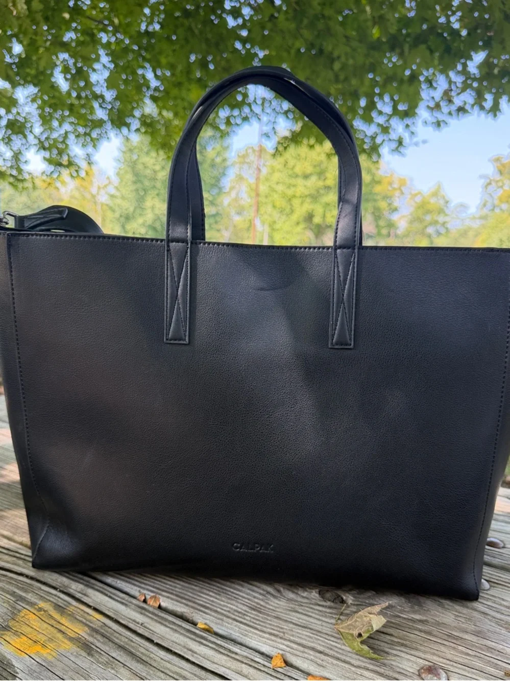 Calpak Black Leather Laptop Tote with Top Handles